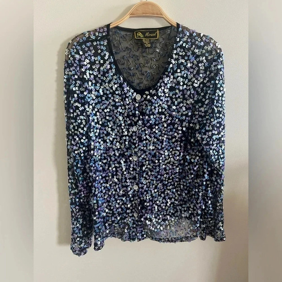 Mirasol Sequined Art To Wear Multi Color Cardigan Size XL Pearl Buttons Festive‎ - Picture 1 of 9